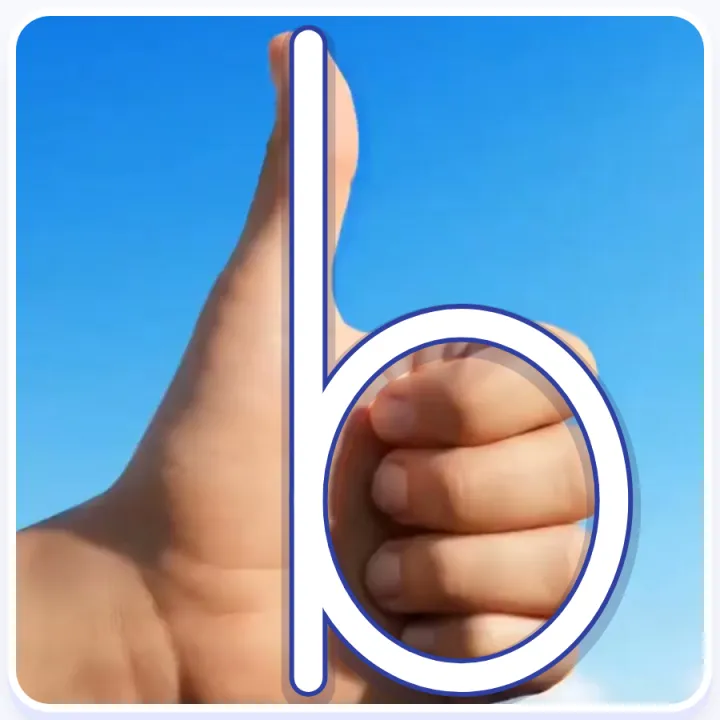 A left hand making a thumbs-up, with a lowercase b drawn on it: the thumb is the stick and the fist is the round part
