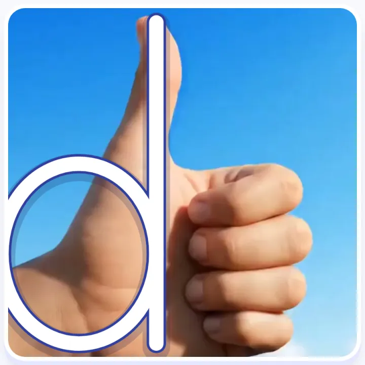 The same thumbs-up hand with a d drawn on it: the round part sits on the empty side of the thumb and does not fit the fist