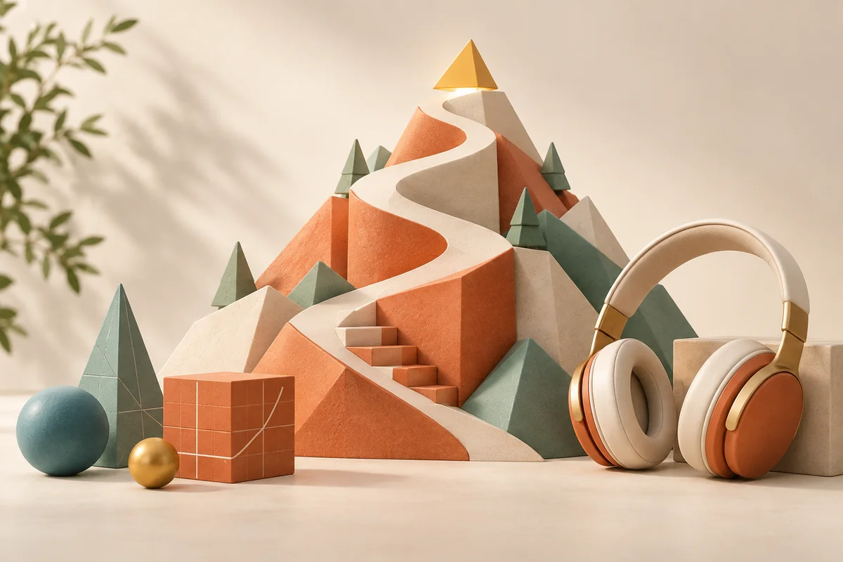A winding mountain path, headphones, and geometric shapes representing different ways to learn