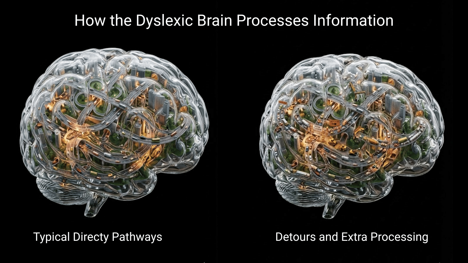 3D visualization comparing the direct pathways of a neurotypical brain vs the winding detours of a dyslexic brain