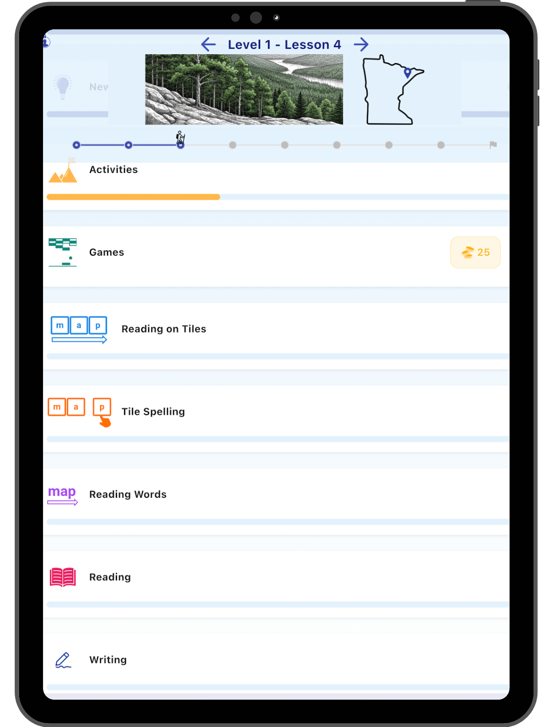 Reading Mountain App on tablet showing interactive reading lessons