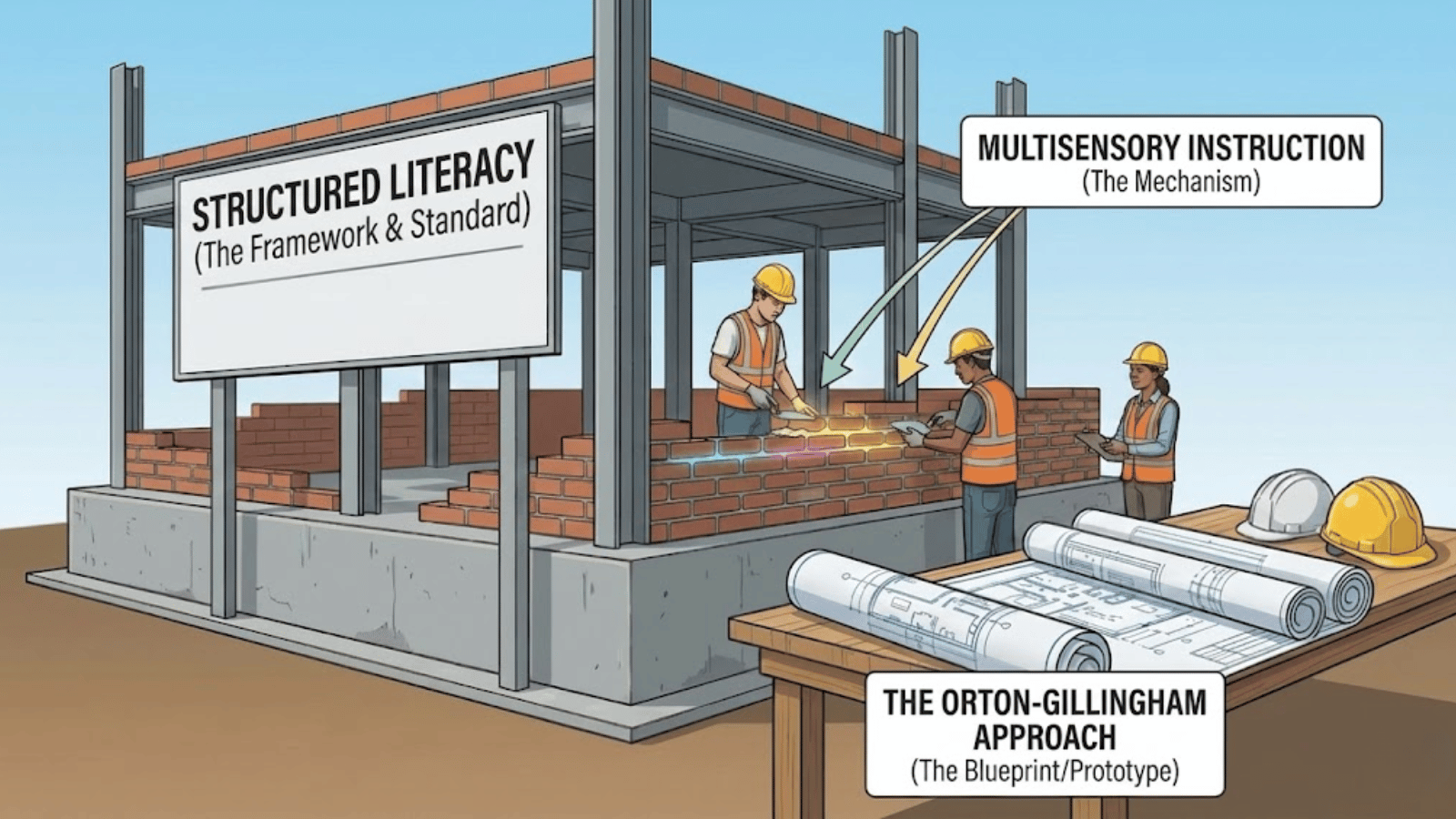 Illustration showing Structured Literacy as the framework, Multisensory Instruction as the mechanism, and Orton-Gillingham as the blueprint